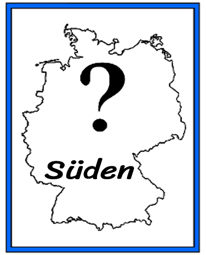 Weisse Landkarte von Deutschland. Im oberen Teil steht  ein schwarzes Fragezeichen und im unteren Teil steht Süden